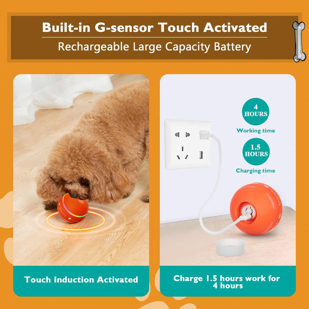 Interactive Motion-Activated Dog Ball – 2025 Upgrade | USB Rechargeable, Auto-Rolling & Bouncing Toy for Small to Large Dogs (Orange)