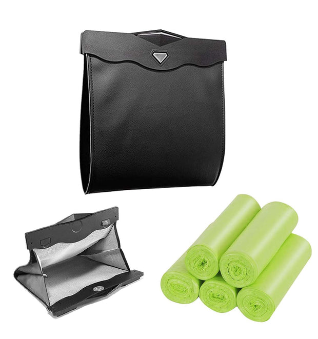 Car Trash Can with Smart LED | Luxury Leather Foldable Automotive Garbage Bin, Waterproof