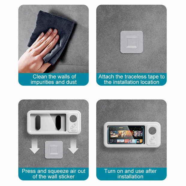 Shower Phone Holder with Bluetooth Speaker – 360° Rotating Waterproof Mount