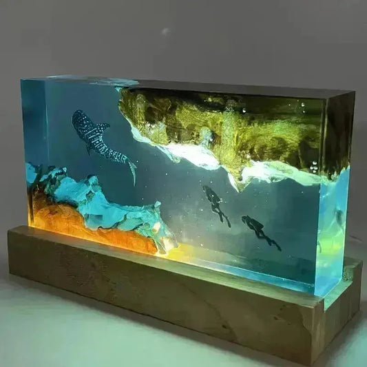 Whale and Divers Wooden Night Light